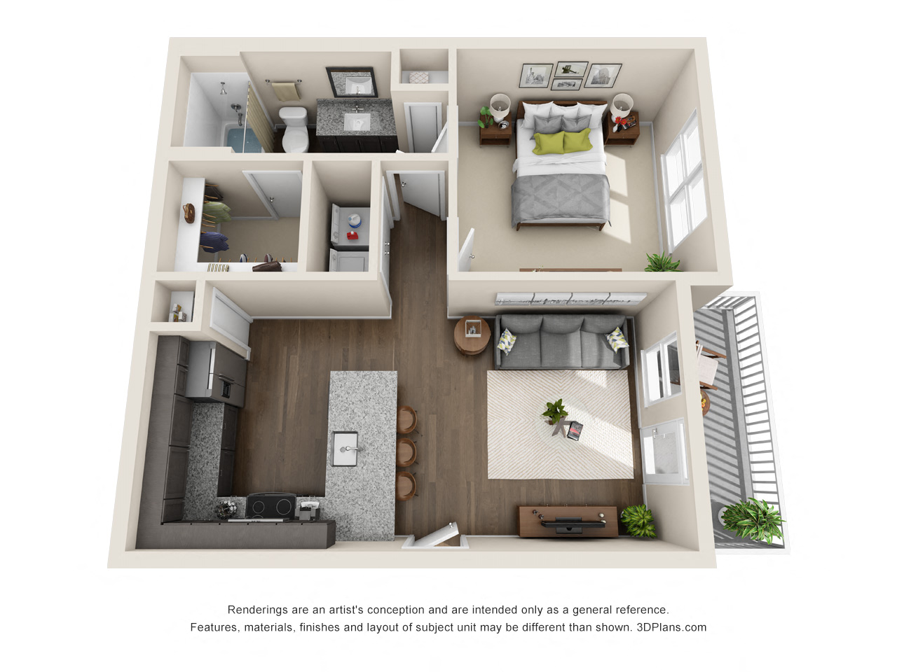 Floor plan for 1 bed, 1 bath, 650 sqft